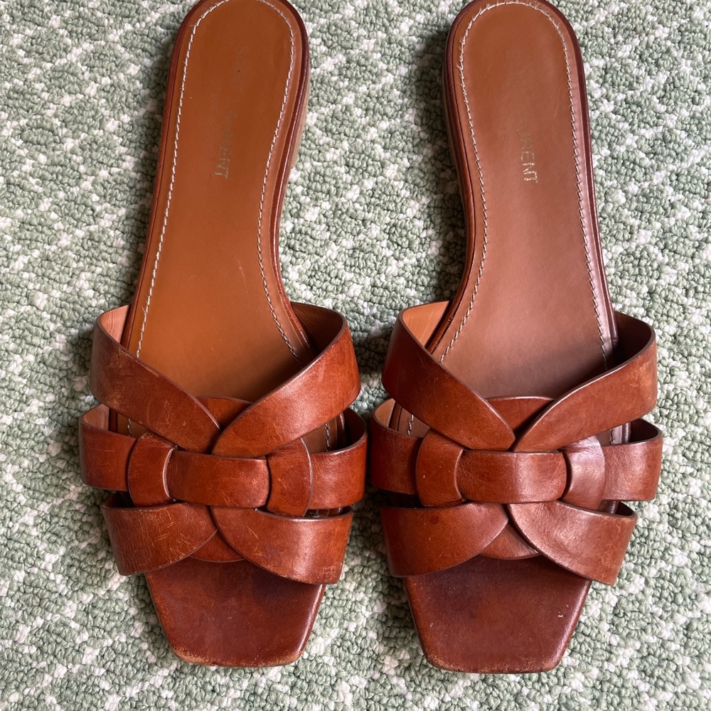 Saint Laurent Brown Leather Sandals Woven Design